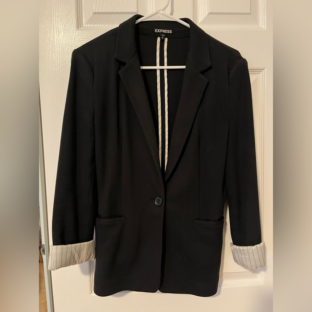 Women’s Express Black Blazer with White and Blue Pinstripe Interior Size Medium